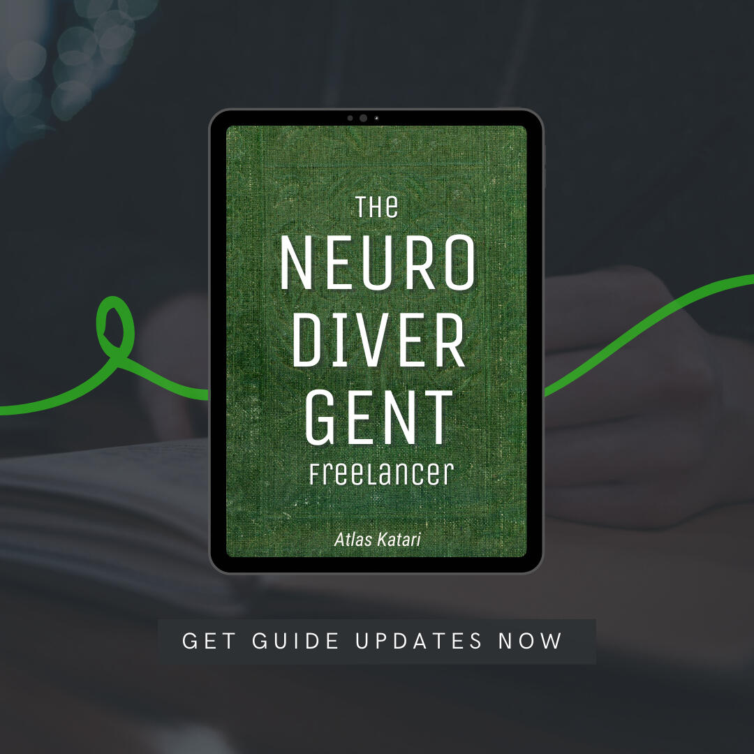 The cover of The Neurodivergent Freelancer on an iPad with the words "Get Guide Updates Now" as a non-clickable button beneath.